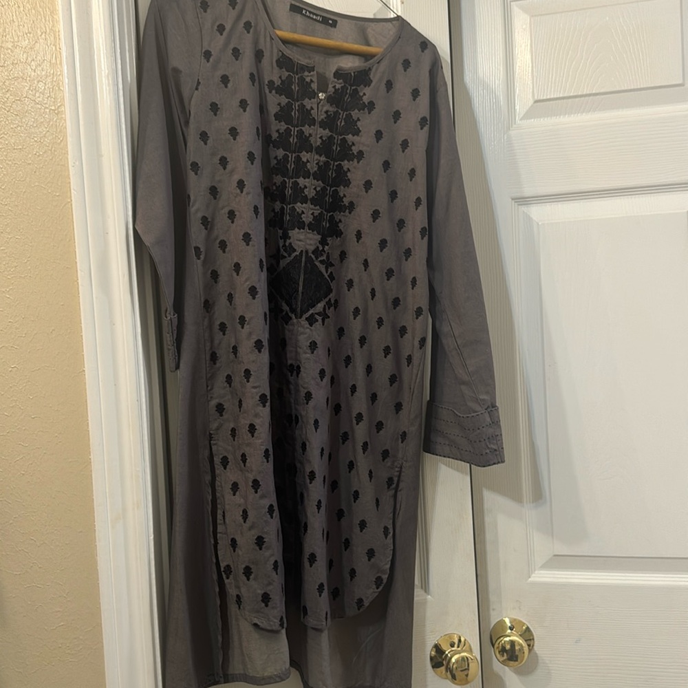 Light khaddar grey color  black embroidered shirt
